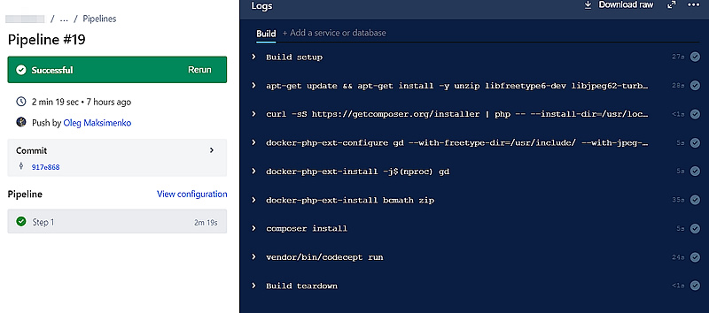 Пример файла bitbucket-pipelines.yml для запуска Codeception тестов после изменения ветки